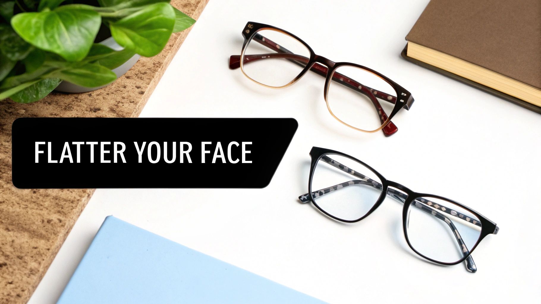 Two pairs of stylish eyeglasses, one brown and one black, lie on a white surface with a text overlay.