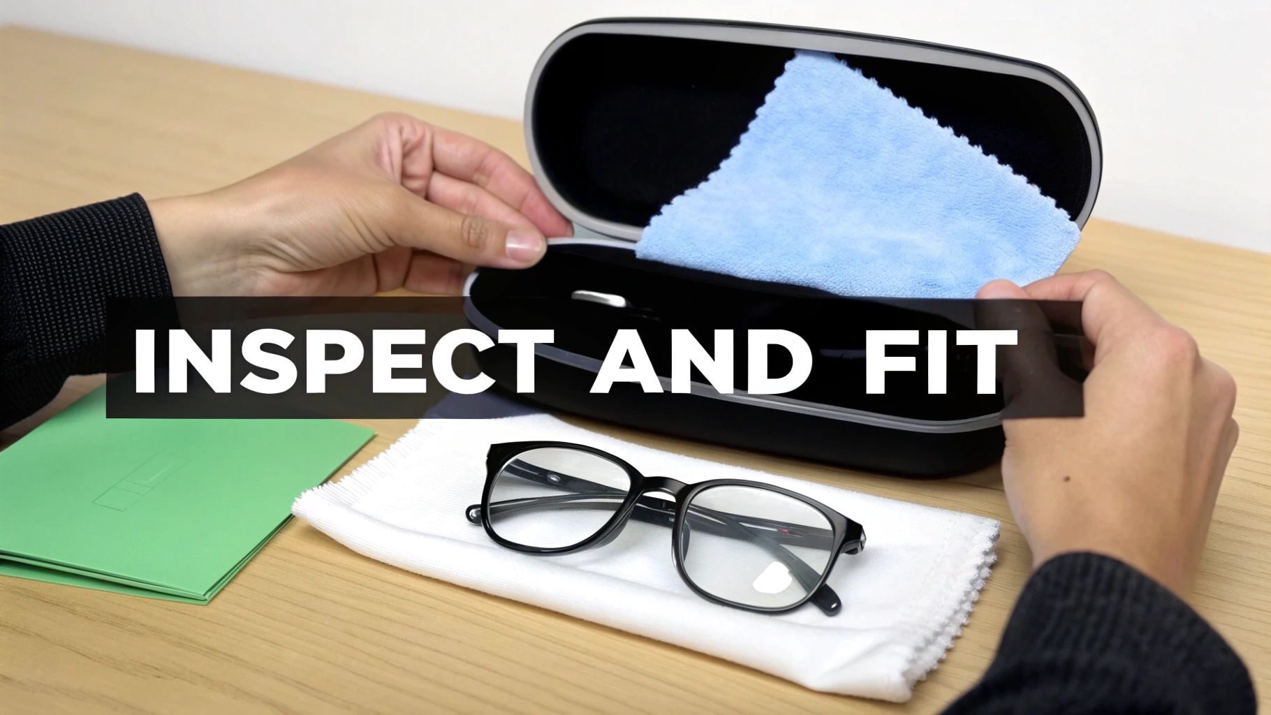 A person carefully inspecting their new prescription glasses after unboxing them at home.