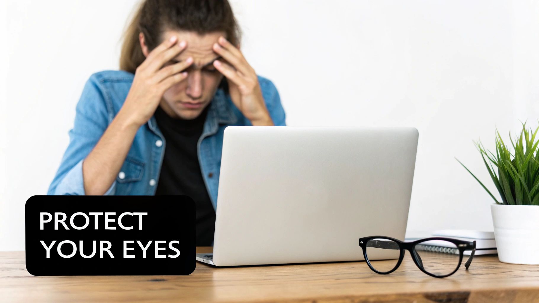 A person wearing stylish blue light blocking glasses while working on a laptop.