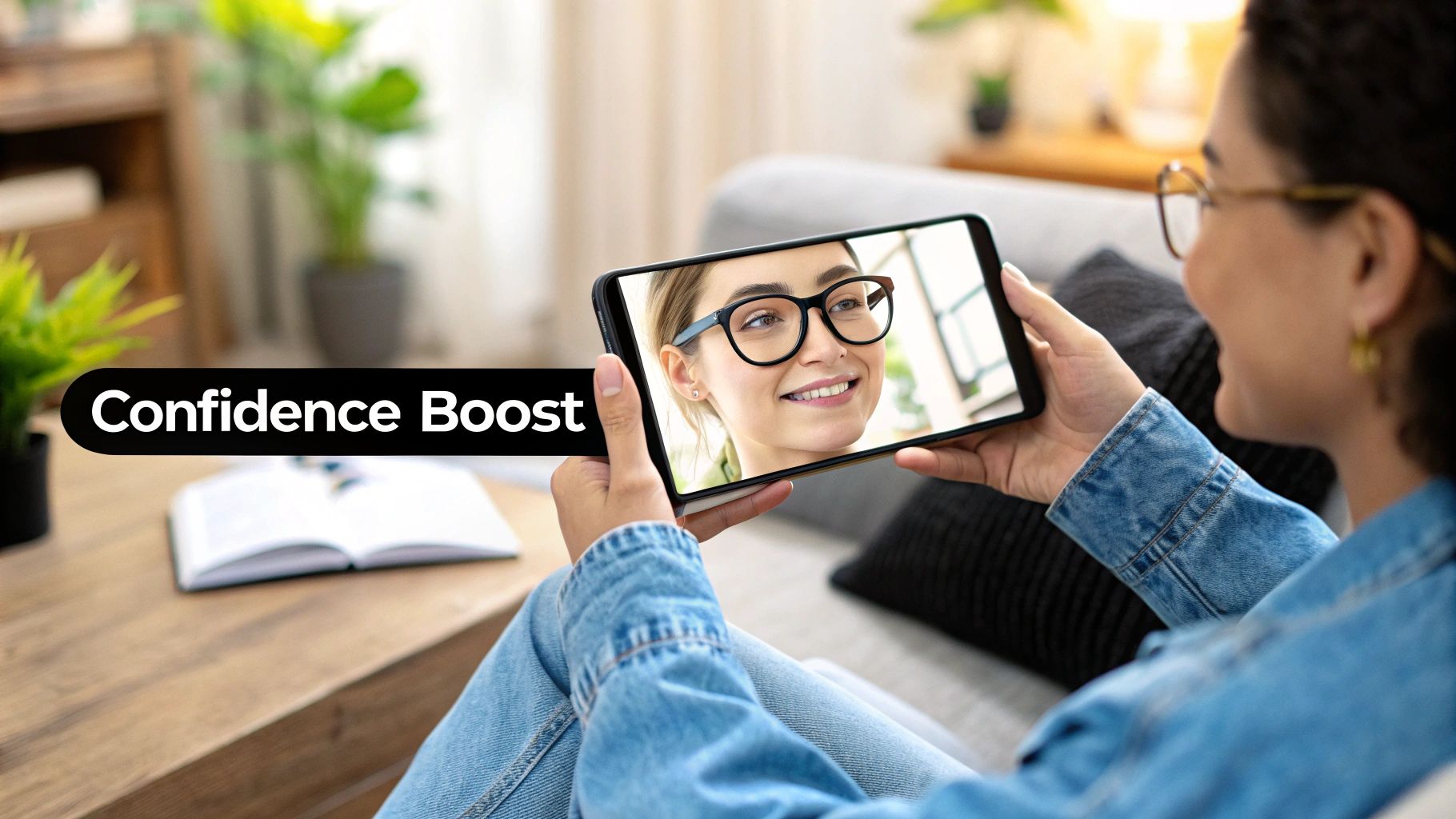 A smiling person using a virtual eyewear try-on tool to select new glasses.