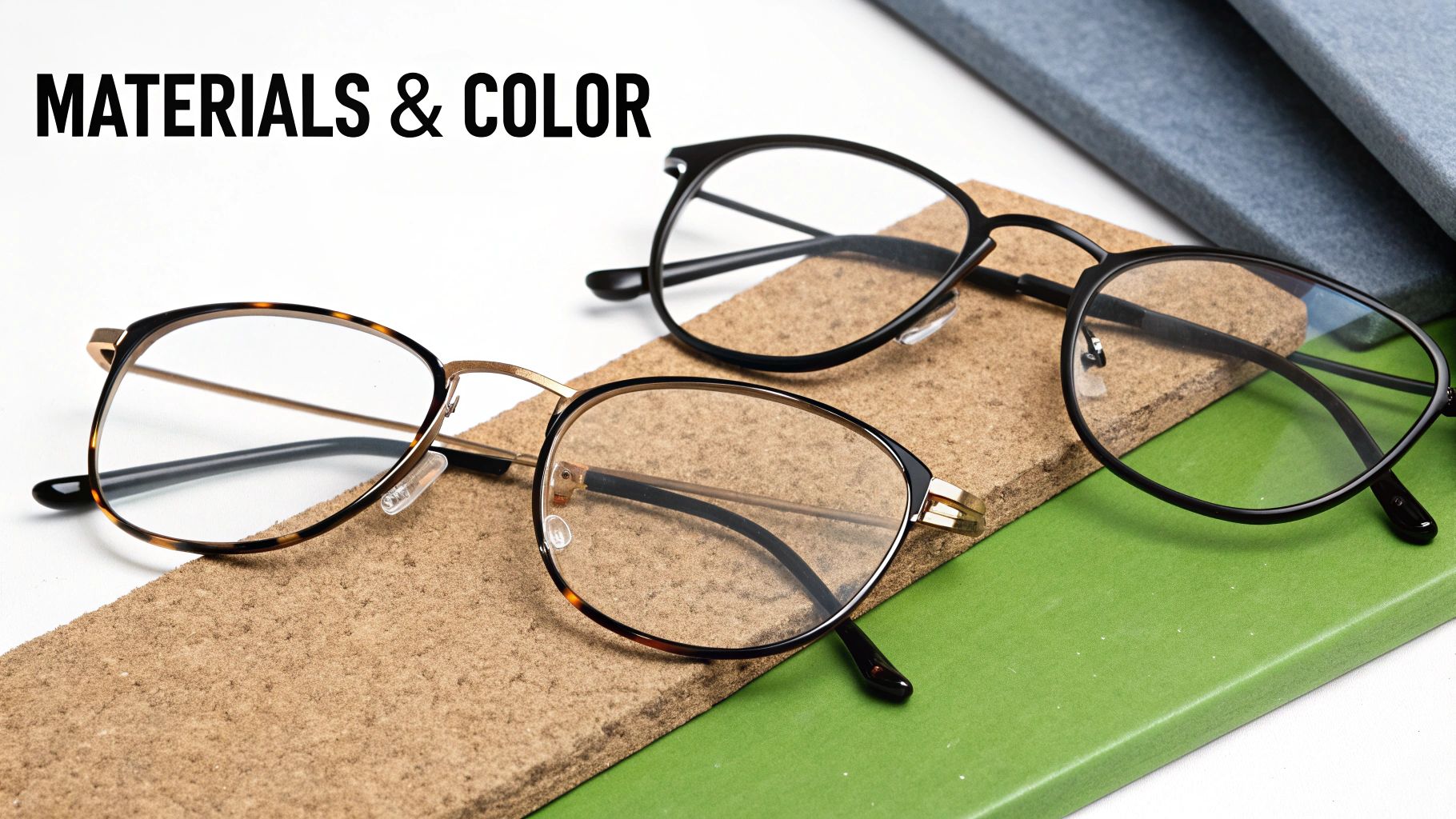 Three pairs of stylish eyeglasses showcasing different frame materials and colors.