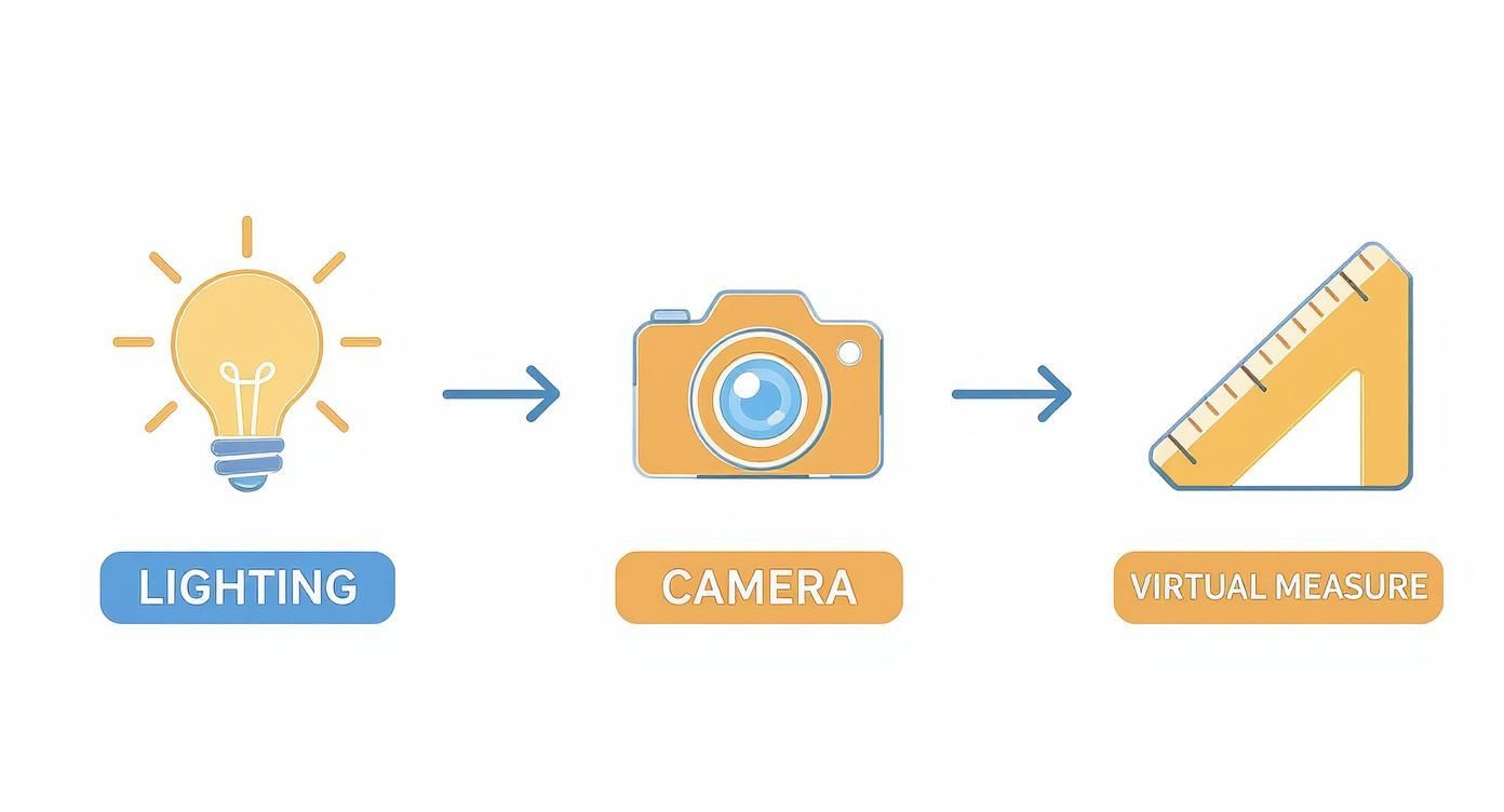 A diagram illustrates a process from lighting to camera capture to virtual measurement.