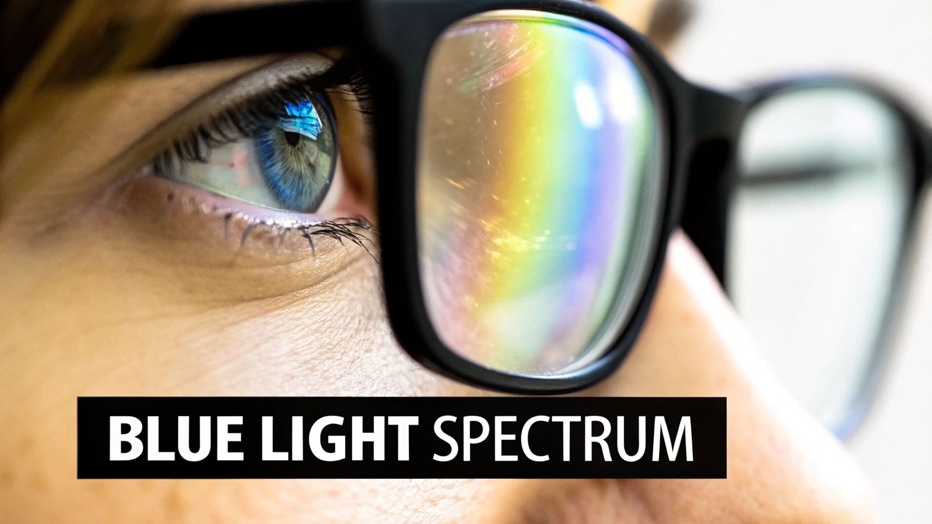 Close-up of a person's eye behind glasses reflecting a vibrant, rainbow-colored light spectrum.