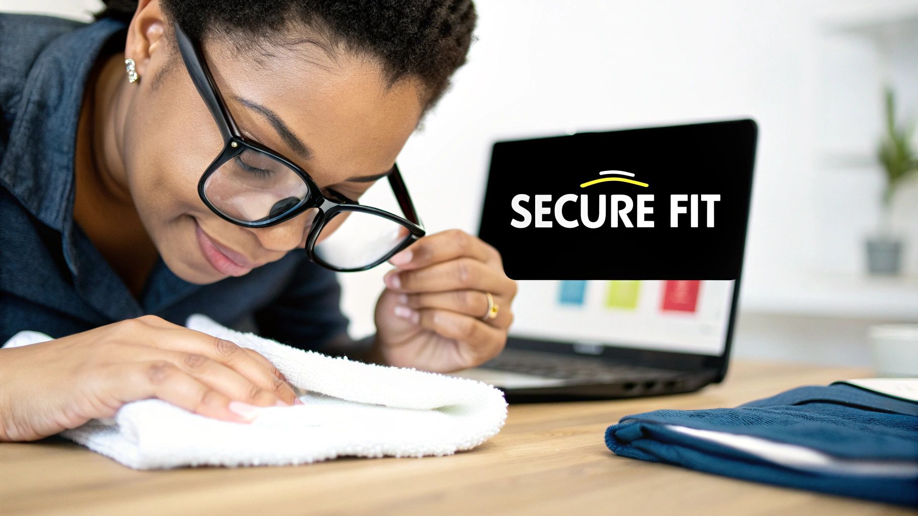 A person wearing glasses gently inspects a white towel on a wooden desk, with a laptop displaying 'Secure Fit' in the background.