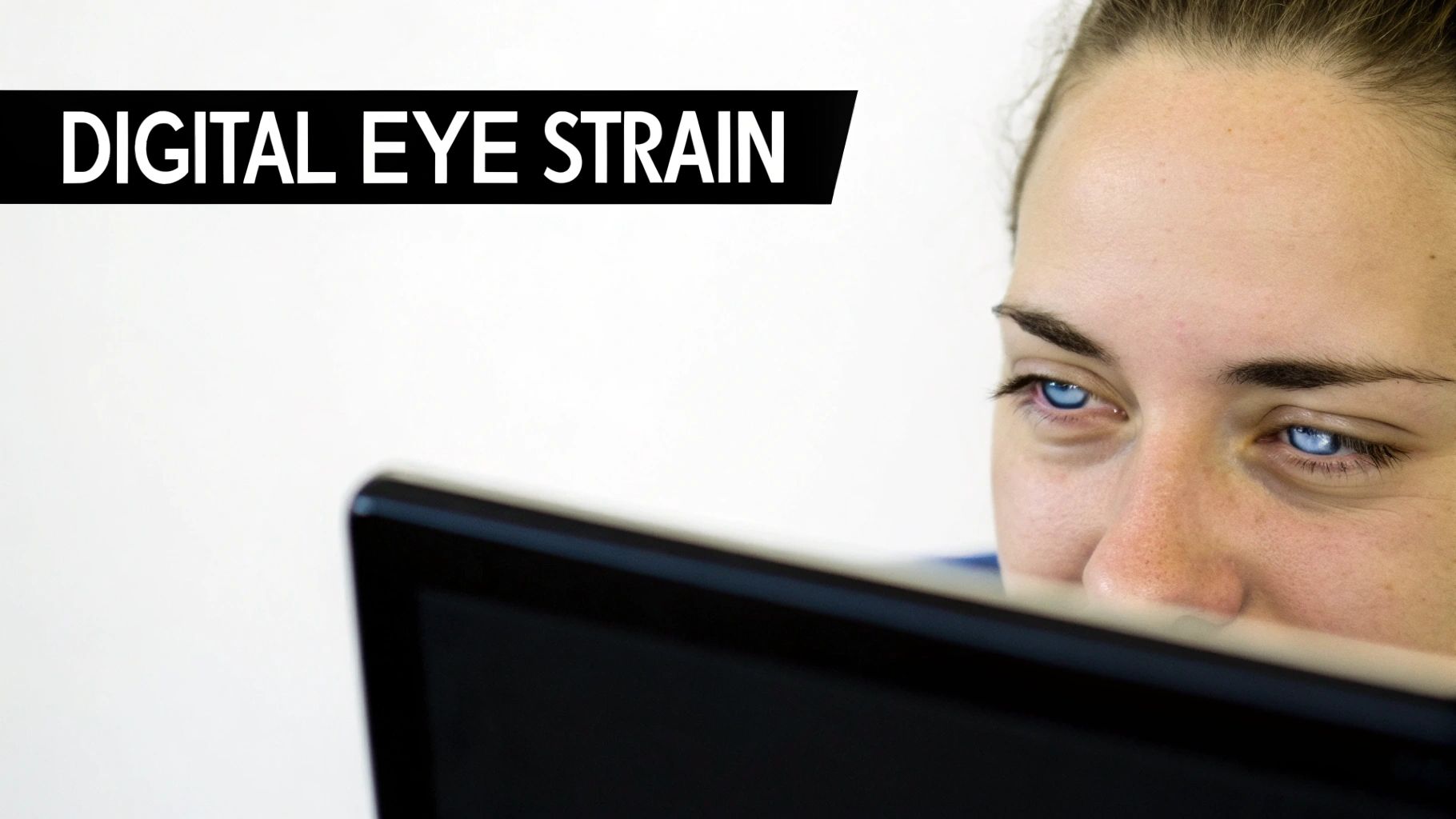 A person with blue eyes looking intently at a digital screen, experiencing digital eye strain.