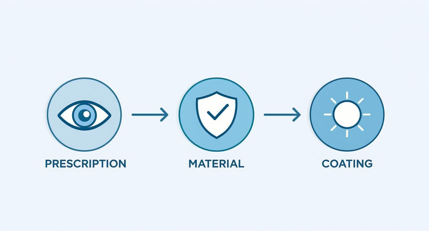 This infographic shows the process of choosing the right lenses, starting with your prescription, then selecting a material, and finally picking your desired coatings.