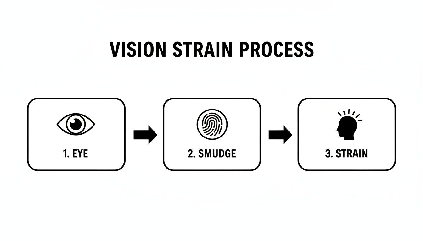 A diagram showing the 'VISION STRAIN PROCESS' in three steps: eye, smudge (fingerprint), and strain (head with light).