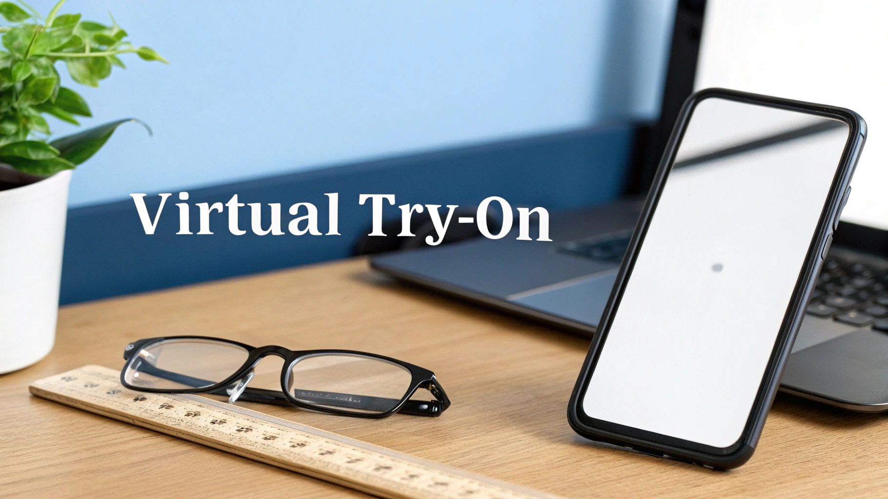 A desk with a plant, glasses, ruler, laptop, and smartphone, featuring 'Virtual Try-On' text.