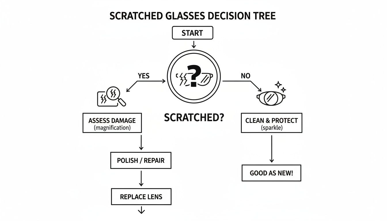 Decision tree flowchart illustrating steps to handle scratched glasses, from initial assessment to repair or replacement.