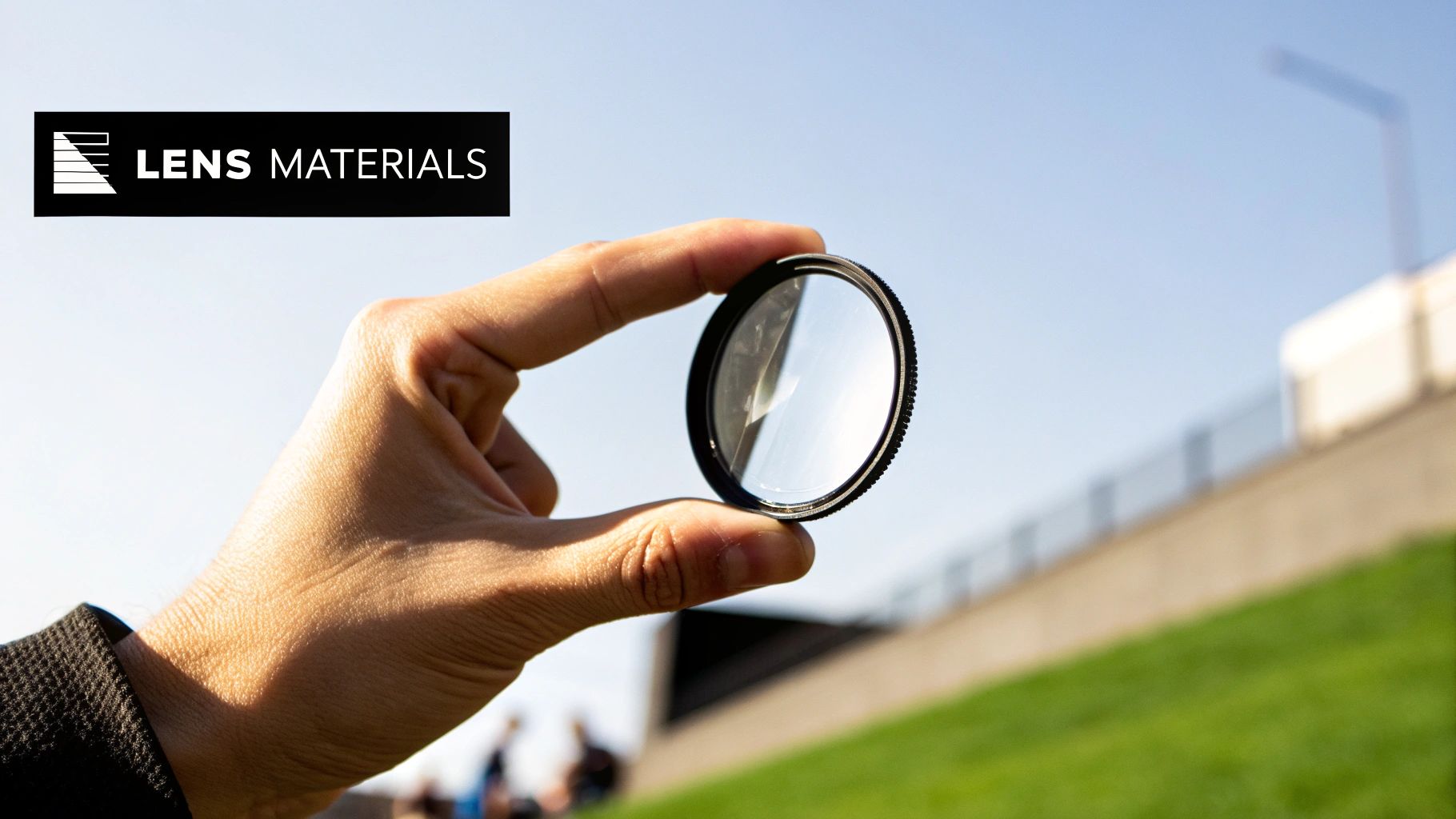 A hand holds a circular camera lens filter against a bright sky, with a 'LENS MATERIALS' logo.