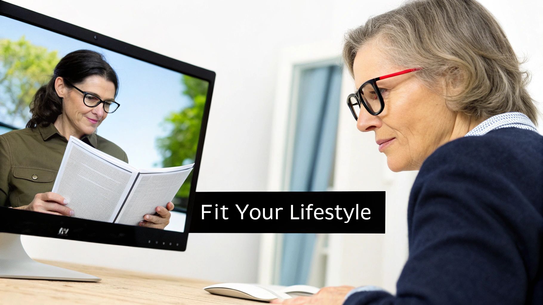 A stylish individual in an office setting easily switching their focus between a computer, notes, and a colleague.