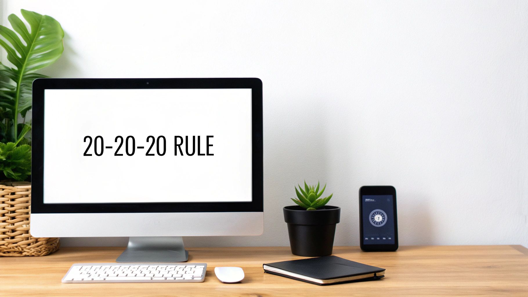 Computer monitor displaying 20-20-20 rule text on modern minimalist desk workspace setup