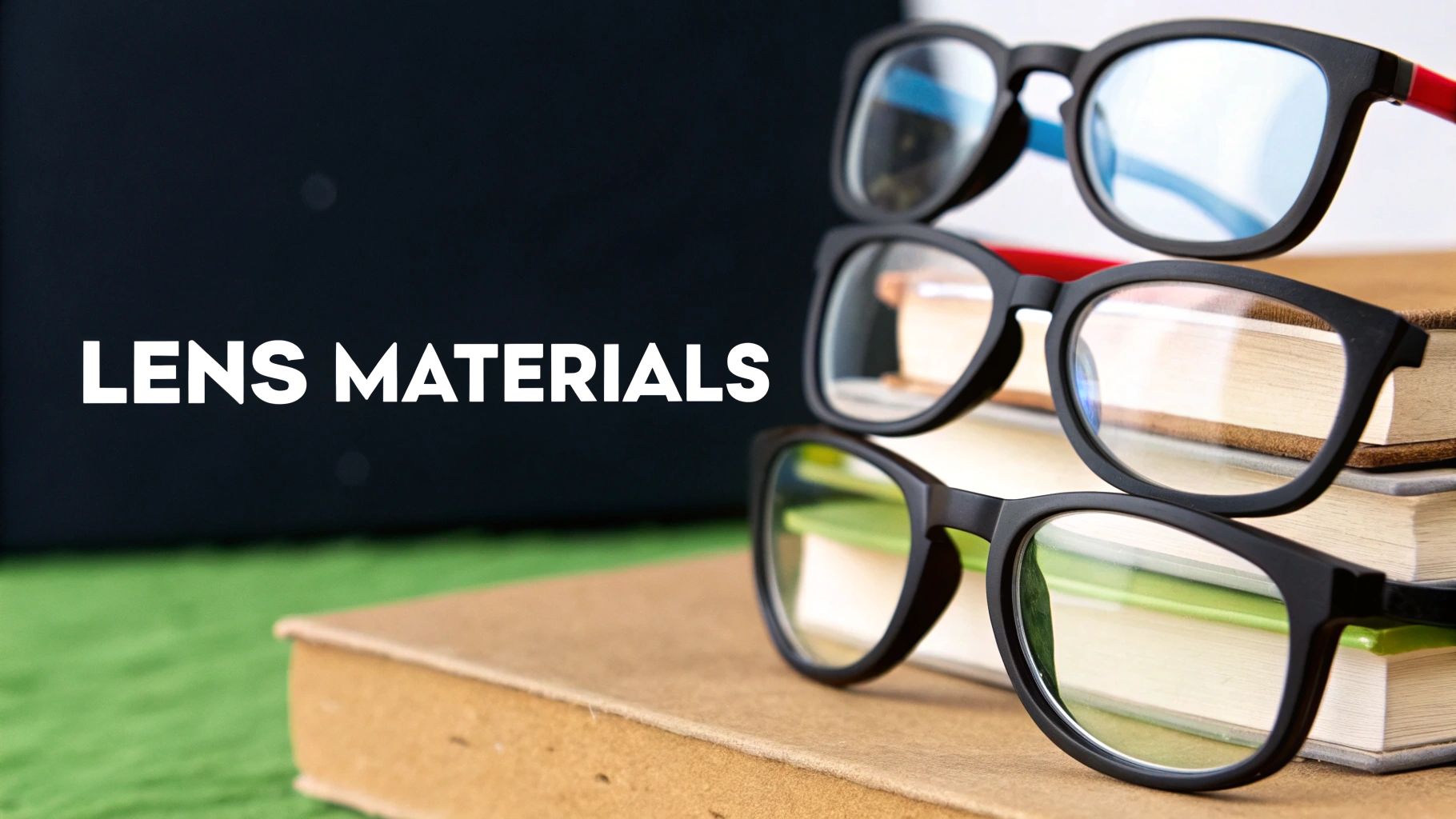 Three pairs of modern black-framed eyeglasses are stacked on books, with the text 'LENS MATERIALS'.