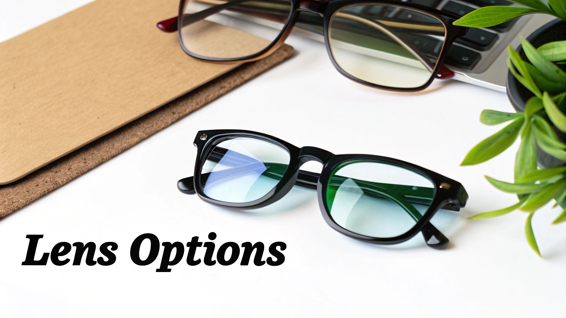 Two pairs of stylish eyeglasses with various lens coatings on a white desk with office supplies.