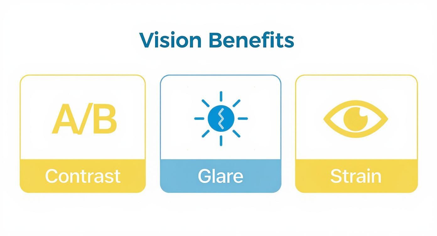 Three vision benefits icons showing contrast with letters A and B, glare with sun symbol, and strain with eye icon