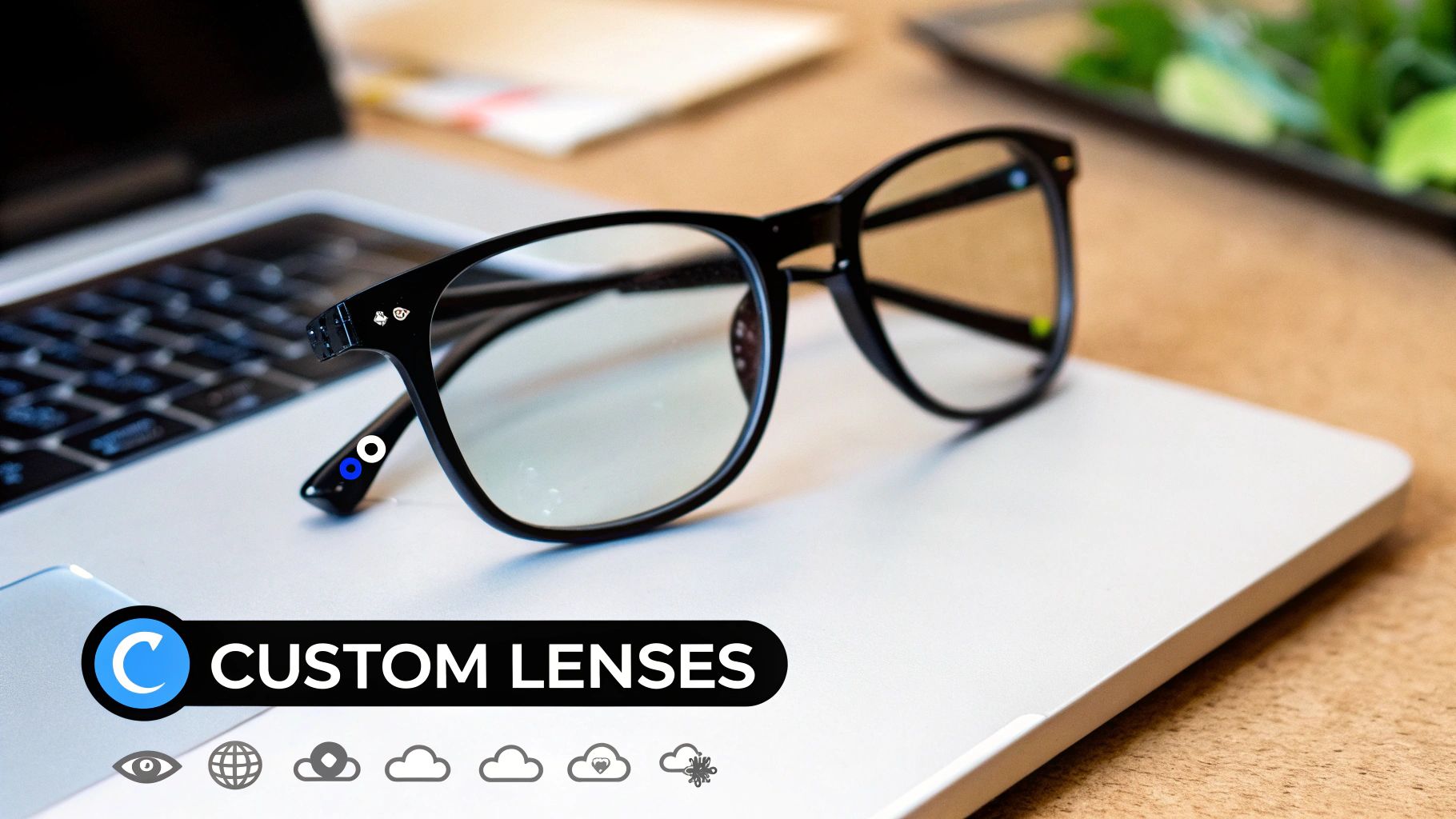 Black-framed glasses with clear lenses rest on an open silver laptop keyboard.