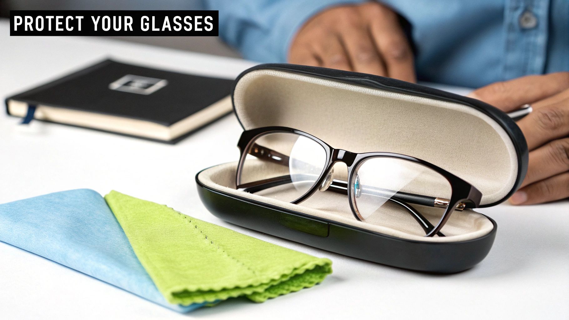 A pair of glasses safely stored in a protective case with cleaning cloths on a table, highlighting eye care.