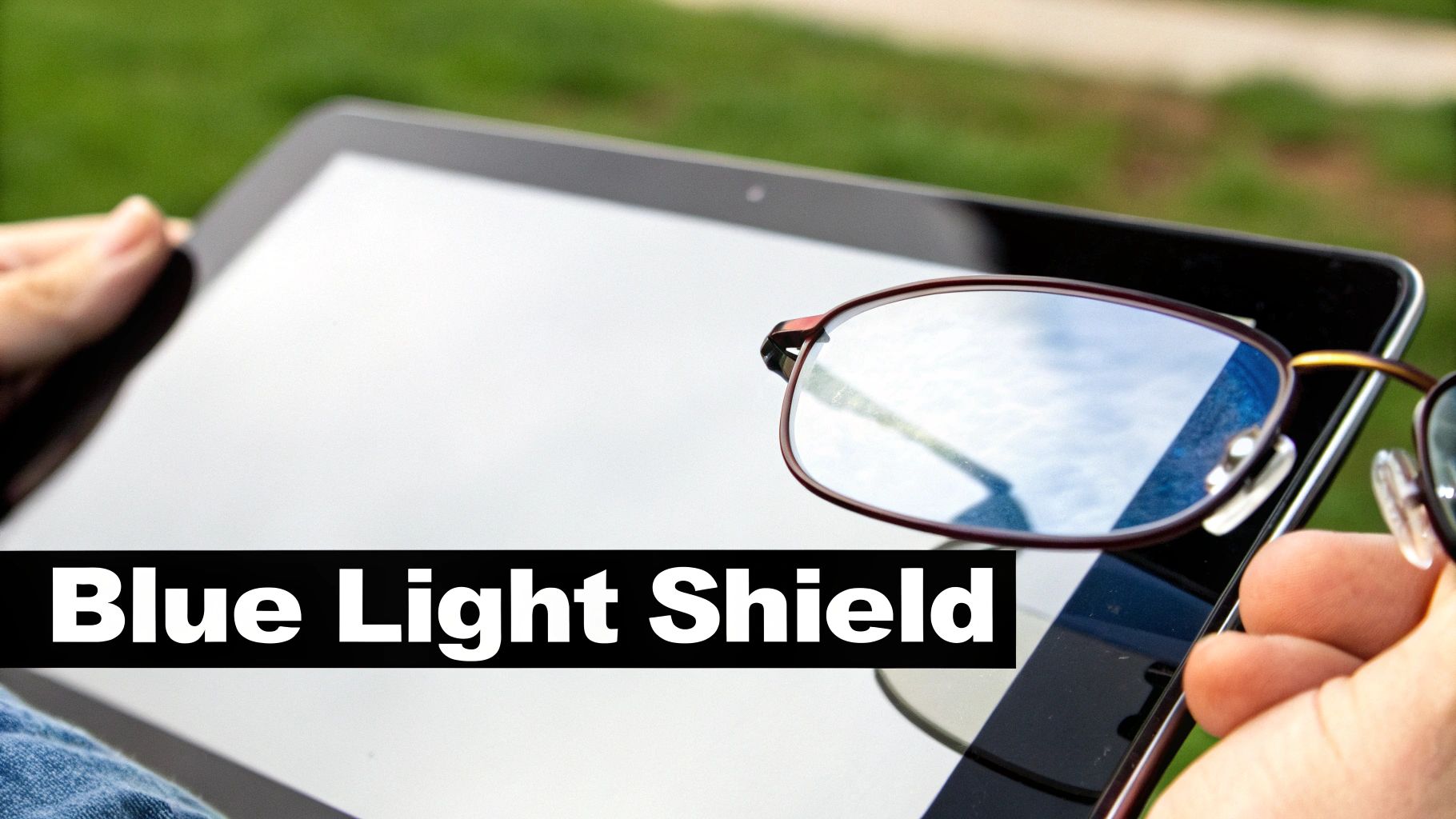 A person holds a tablet with blue light blocking glasses resting on its screen, reflecting the sky.