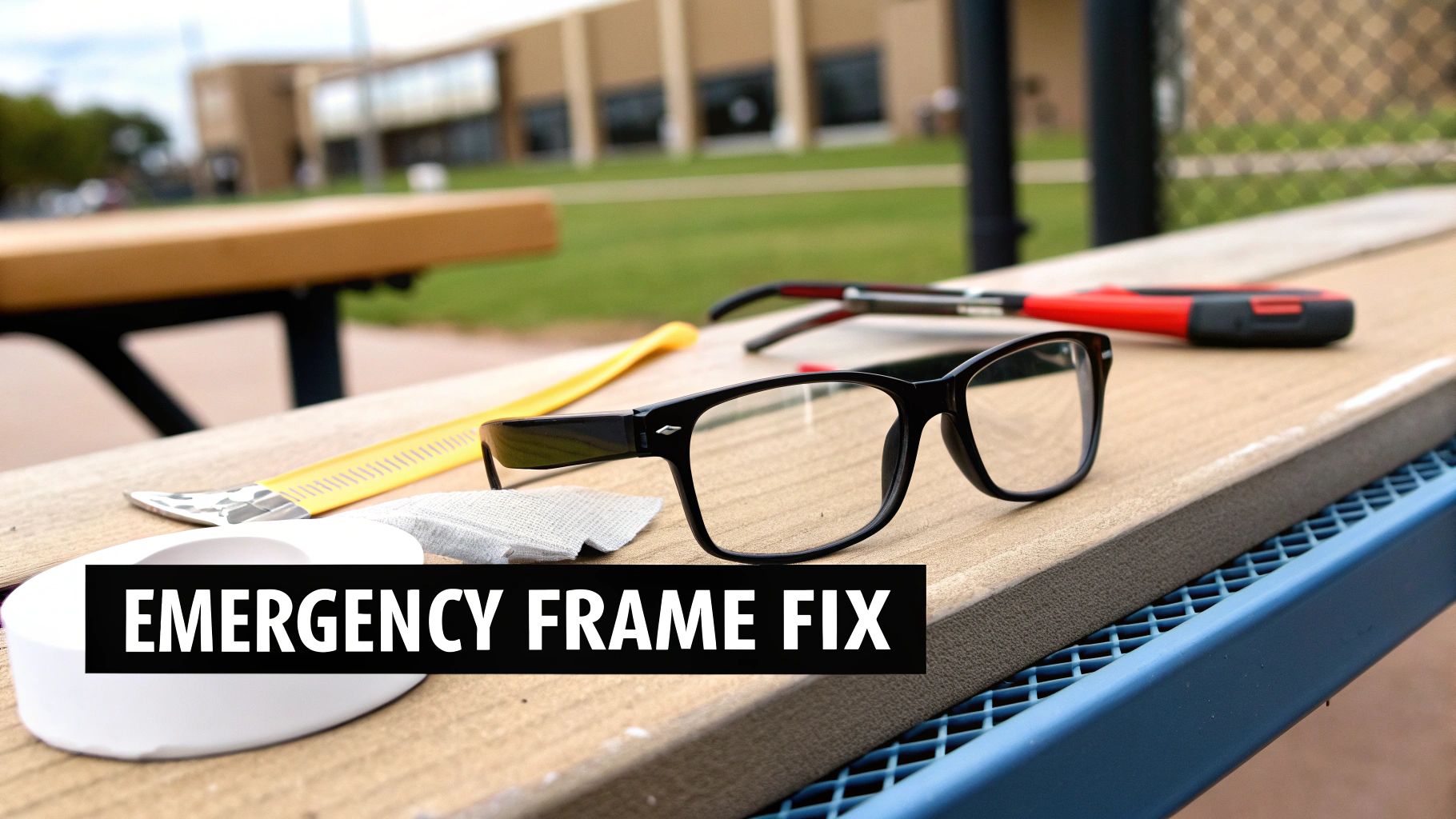 Broken eyeglasses with repair tools including screwdriver and measuring tape on outdoor wooden table