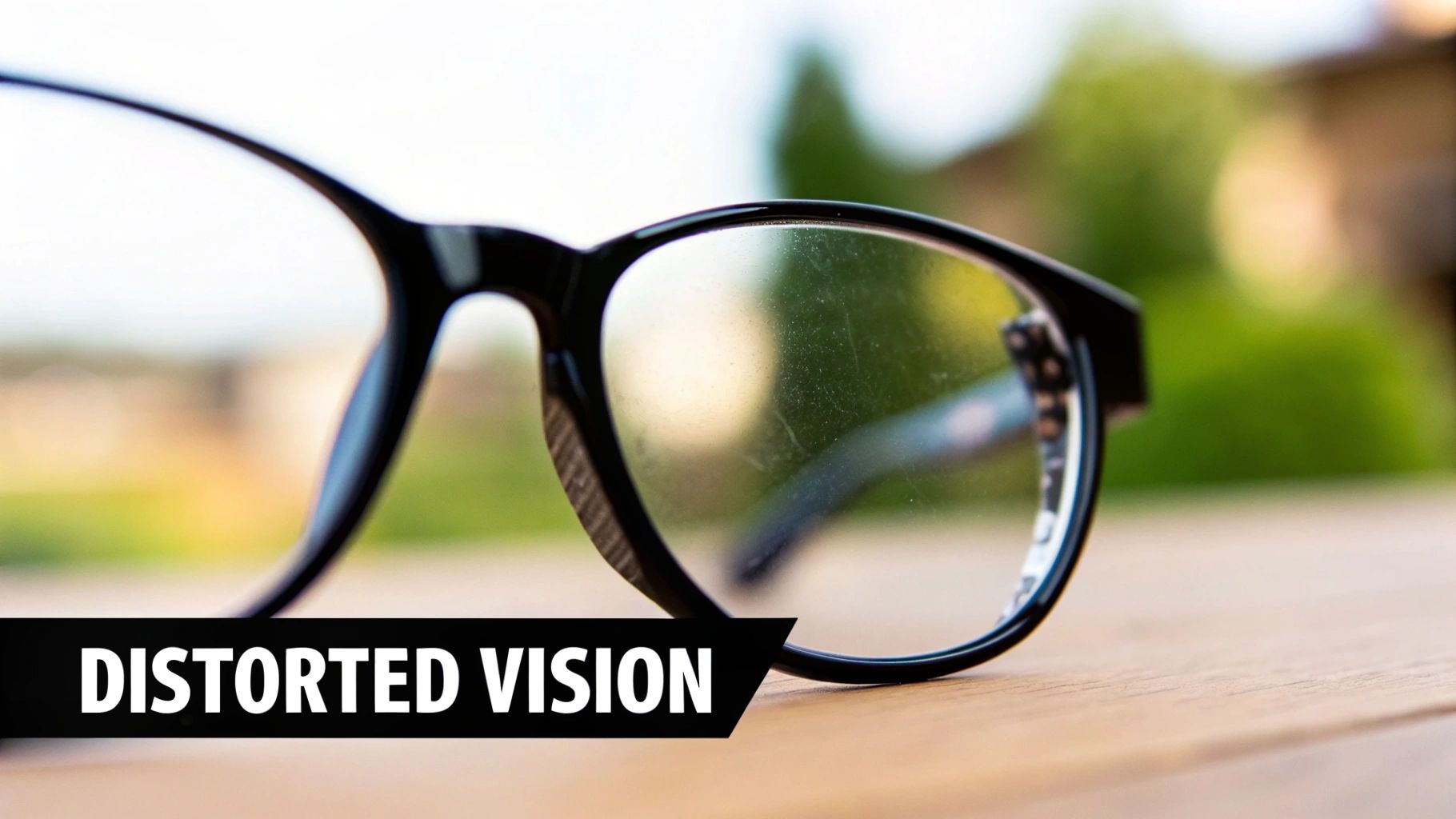A person inspecting scratched eyeglasses under a light.