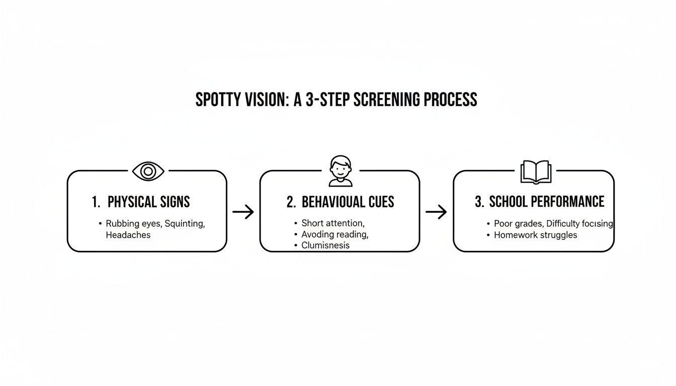 A 3-step screening process flowchart for spotty vision, showing physical, behavioral, and school performance indicators.