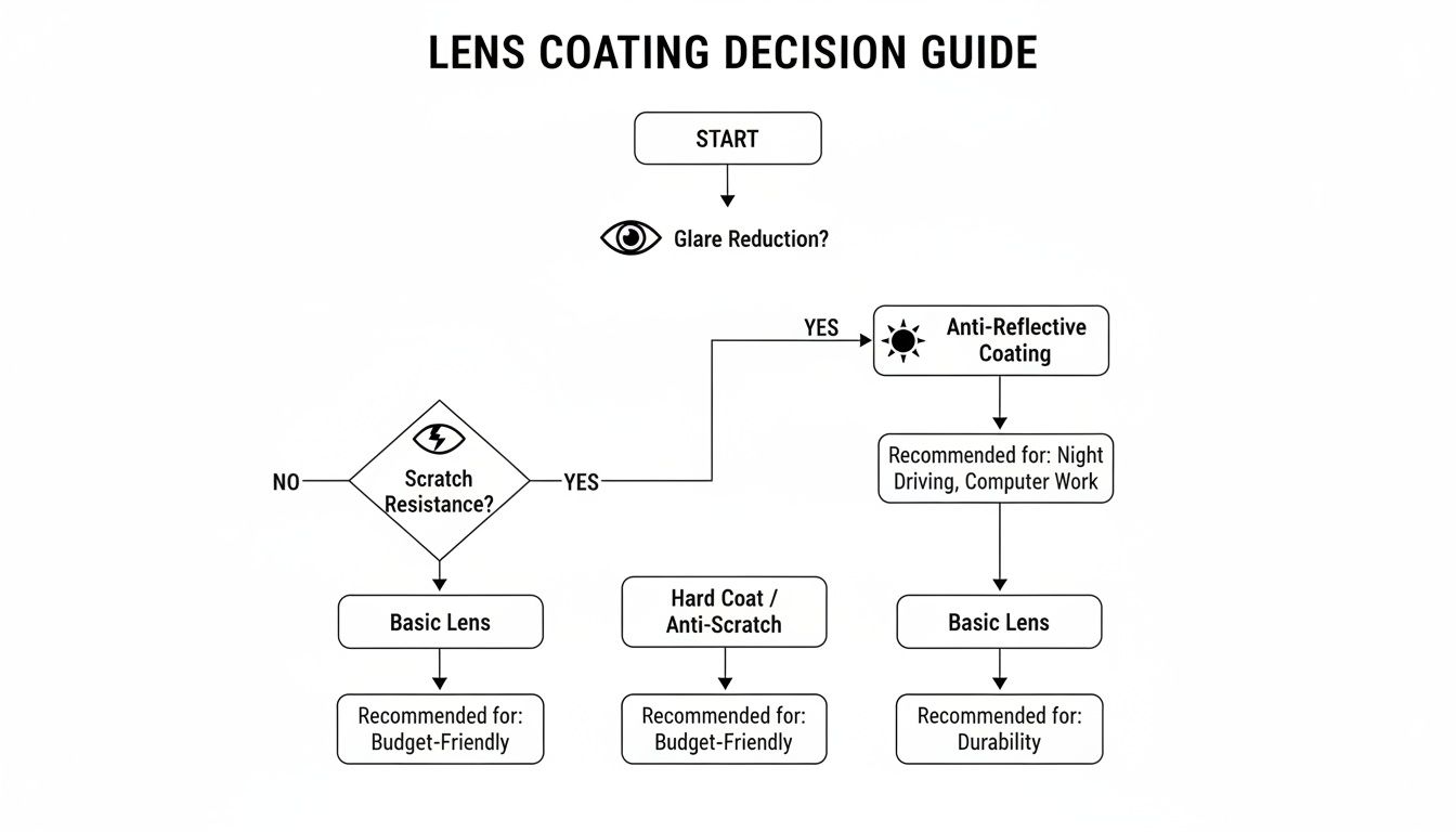 Flowchart guiding lens coating decisions based on glare reduction and scratch resistance needs.