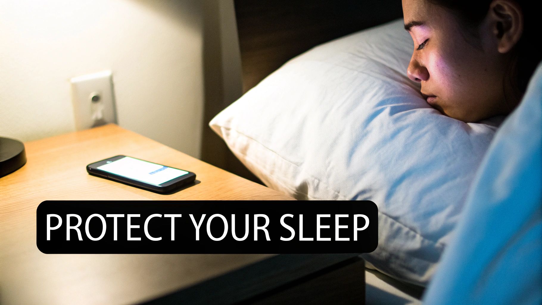 A person looking at their phone in a dimly lit room, with light reflecting on their face