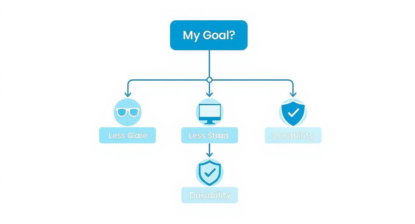 Flowchart outlining common goals for eyeglasses, including less glare, reduced strain, and durability.
