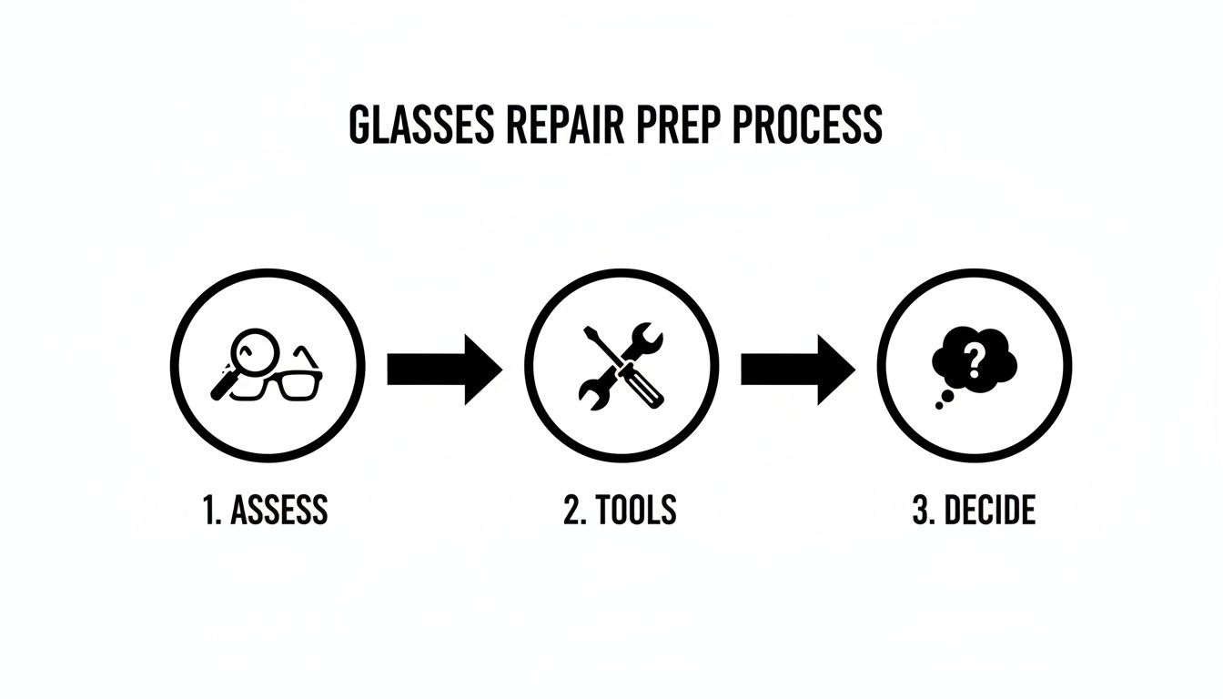A flowchart outlining the glasses repair preparation process with three steps: assess, tools, and decide.