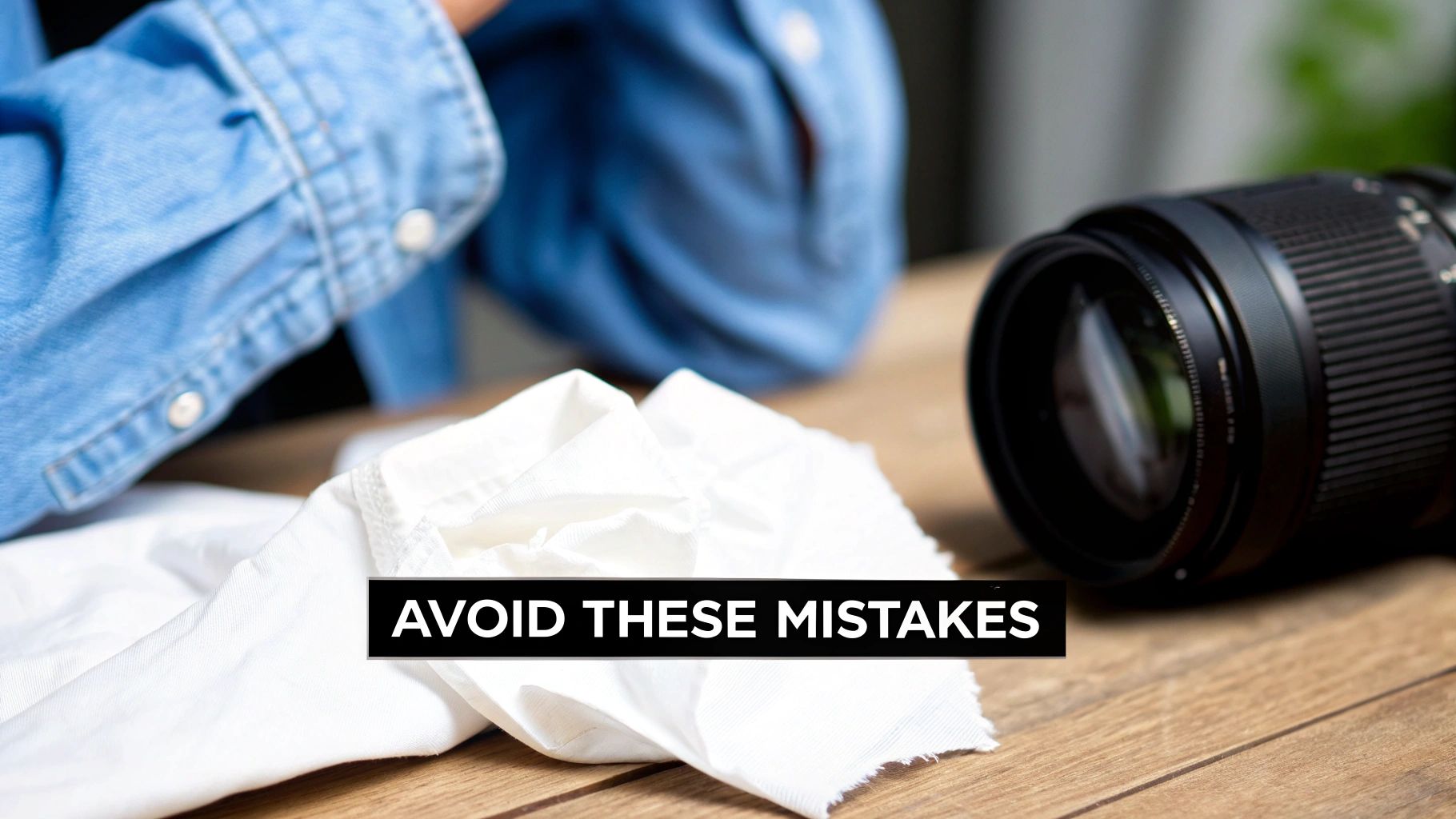 A person in a blue denim shirt, a white cloth, and a black camera lens on a wooden table, with text 'AVOID THESE MISTAKES'.