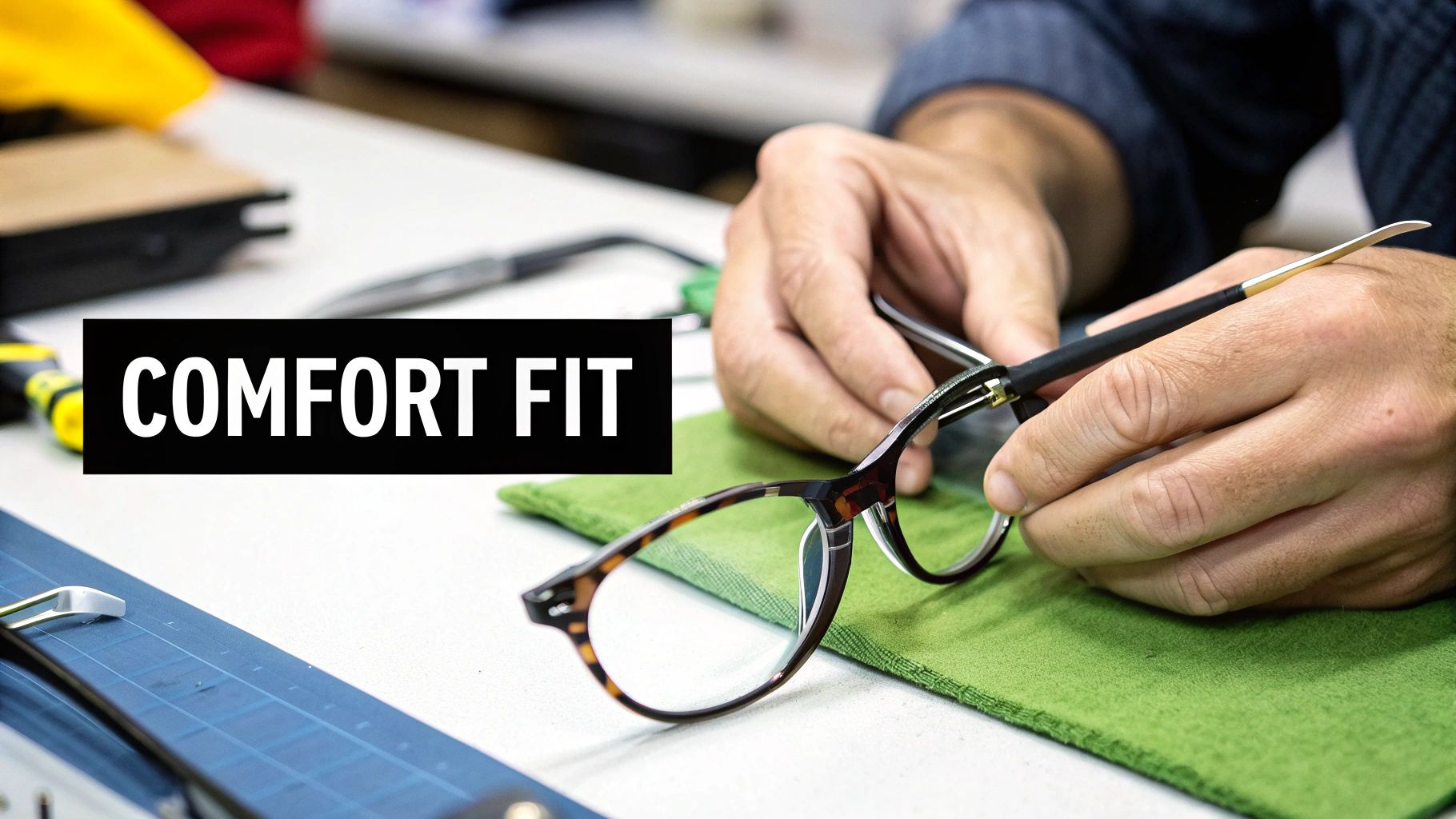 A close-up shot of a person trying on a pair of stylish eyeglasses, with the focus on the bridge fit and temple arms.