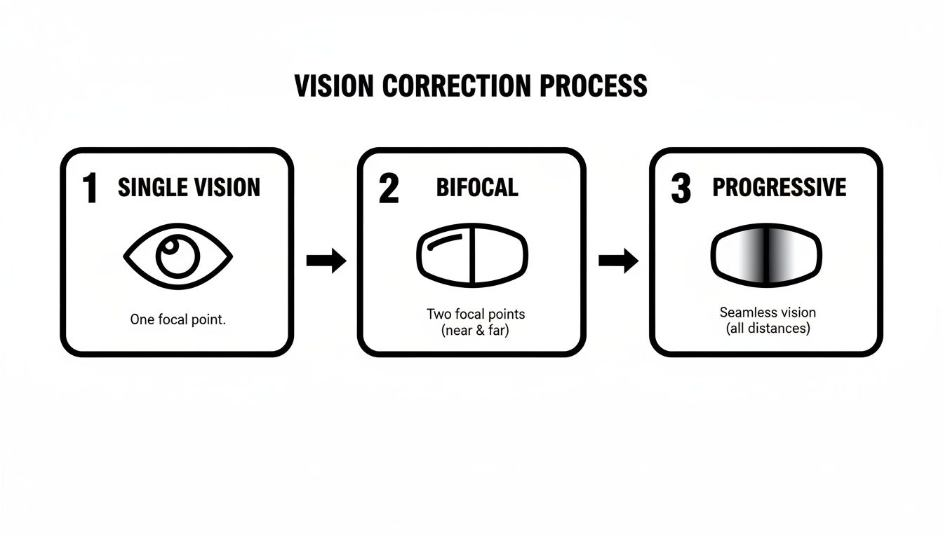 Infographic illustrates the vision correction process: single vision, bifocal, and progressive lens types.