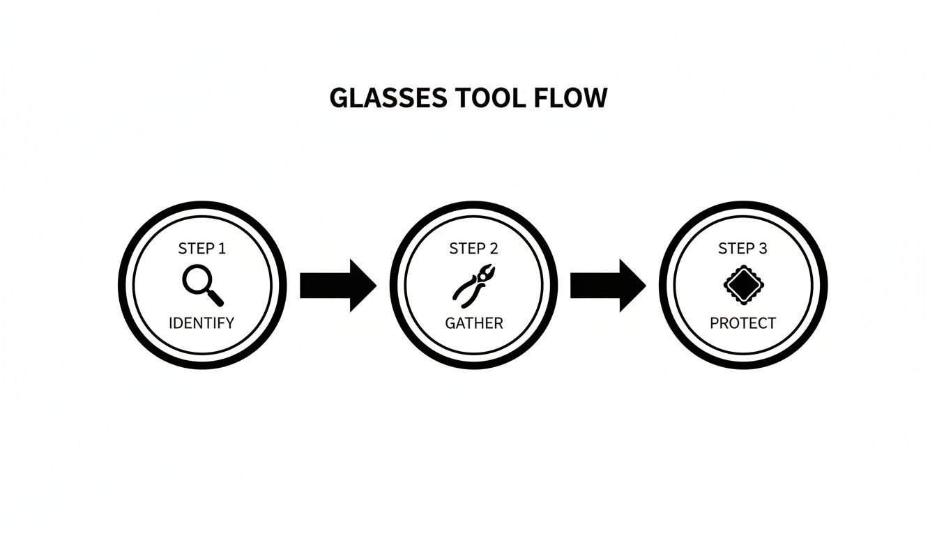Flowchart illustrating the 'Glasses Tool Flow' with three steps: Identify, Gather, and Protect, each with a relevant icon.