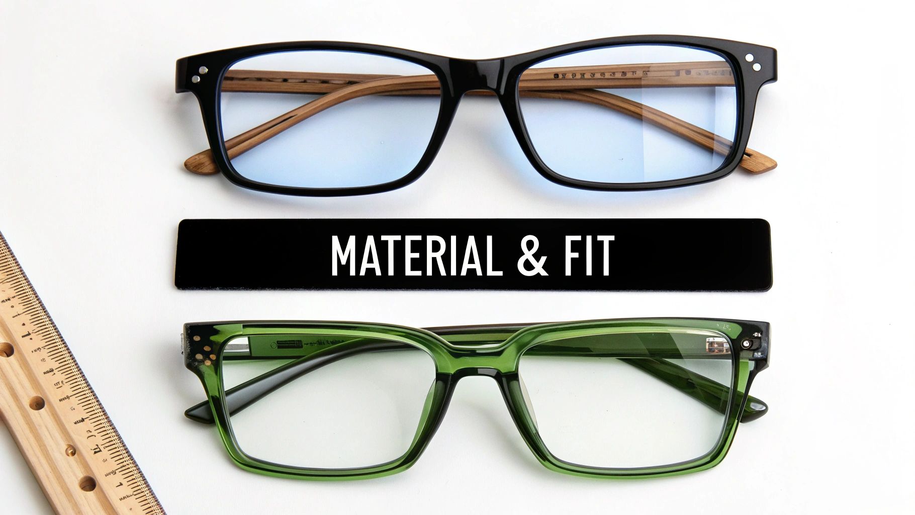 Two pairs of stylish rectangle eyeglass frames, one black with blue lenses, and one green, with 'MATERIAL & FIT' text.