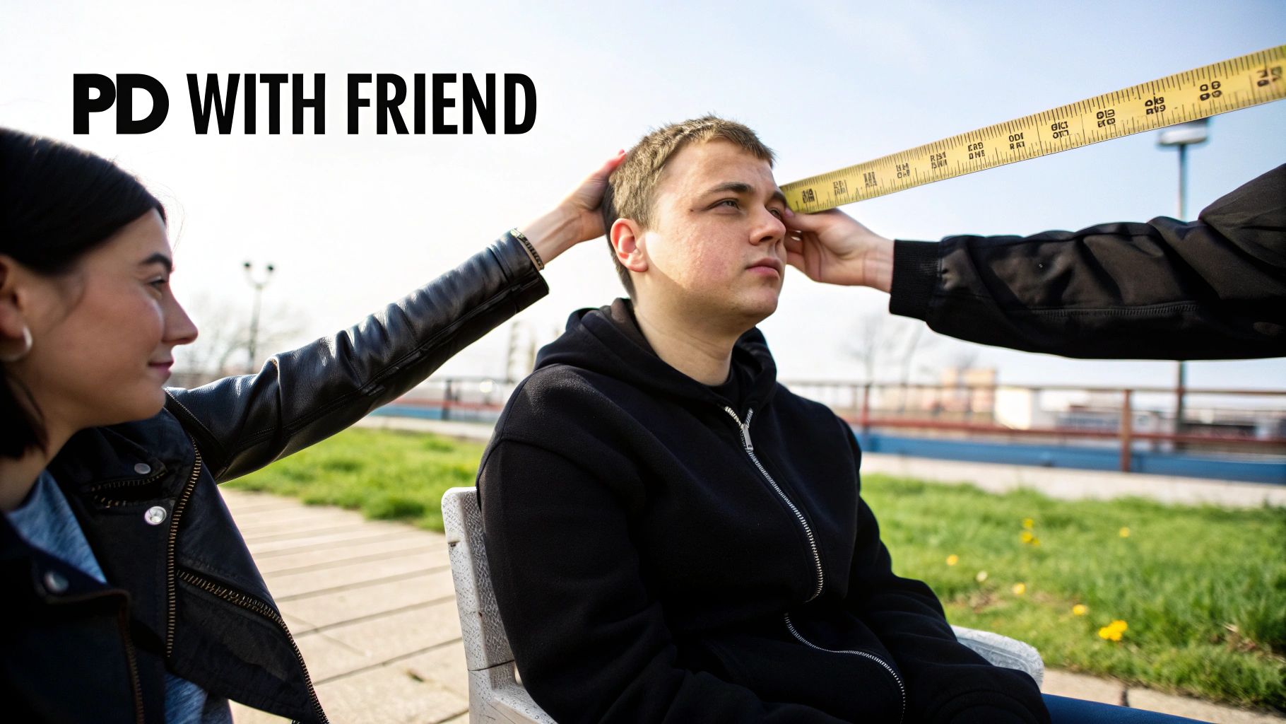 Two friends measuring pupillary distance outdoors using a yellow measuring tape across forehead