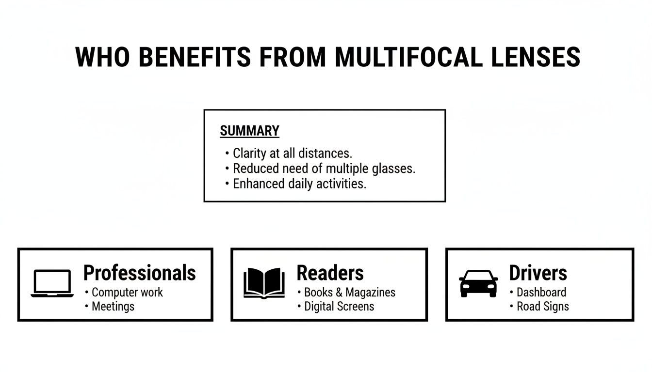Infographic detailing who benefits from multifocal lenses, including professionals, readers, and drivers, for clear vision at all distances.