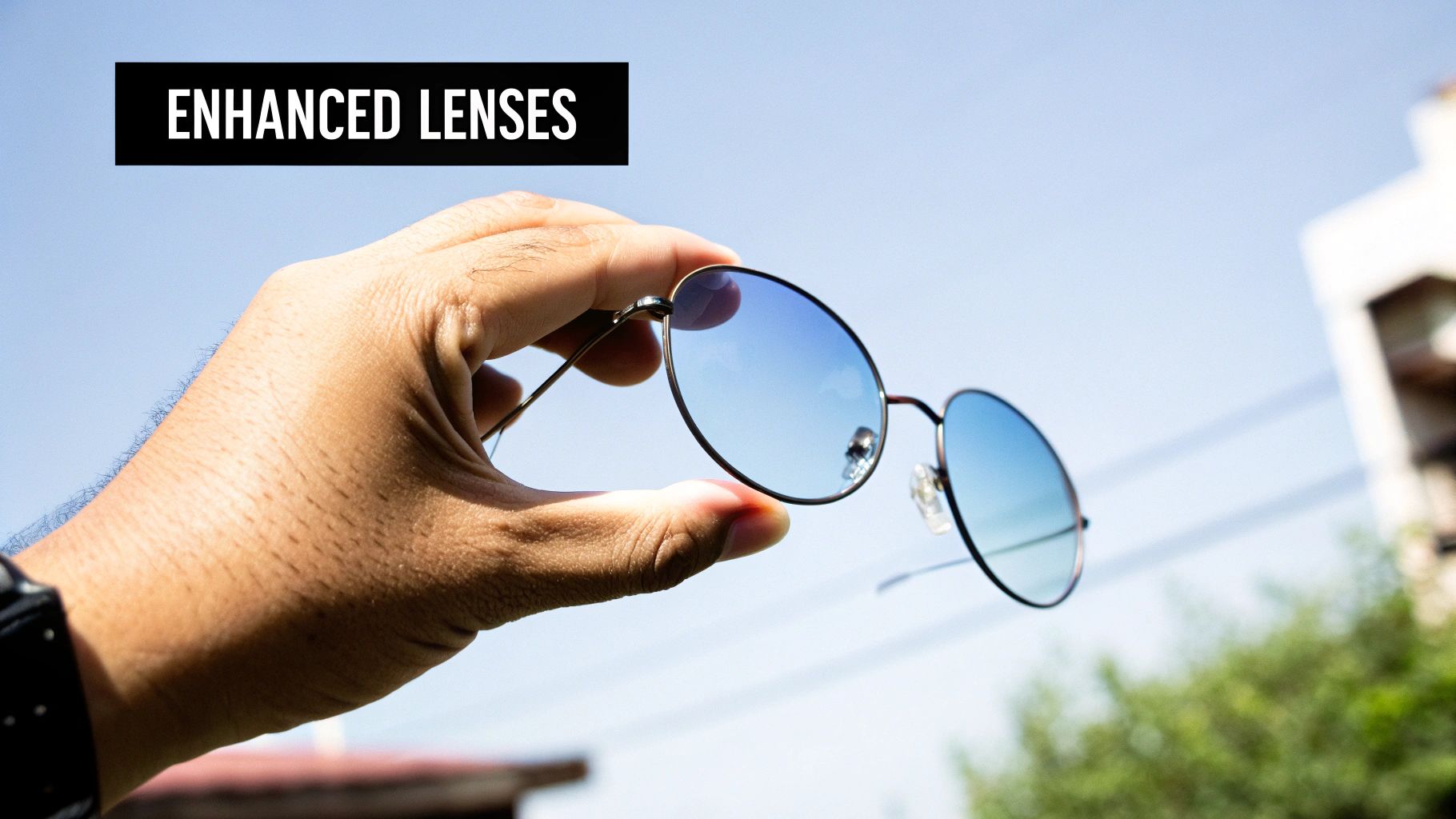 A hand holds stylish round sunglasses with blue gradient lenses against a bright sky, featuring 'Enhanced Lenses' text.