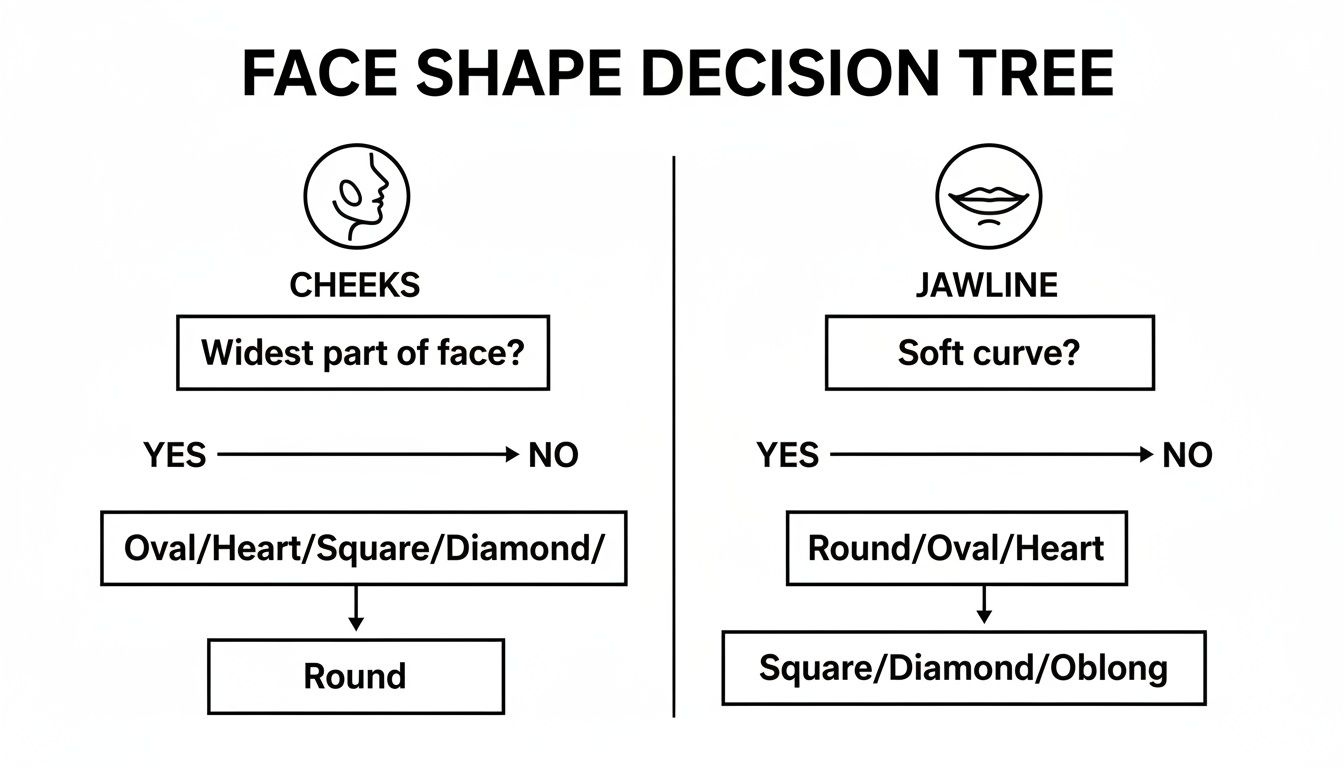 Face shape decision tree chart comparing cheek width and jawline curve for different face types.