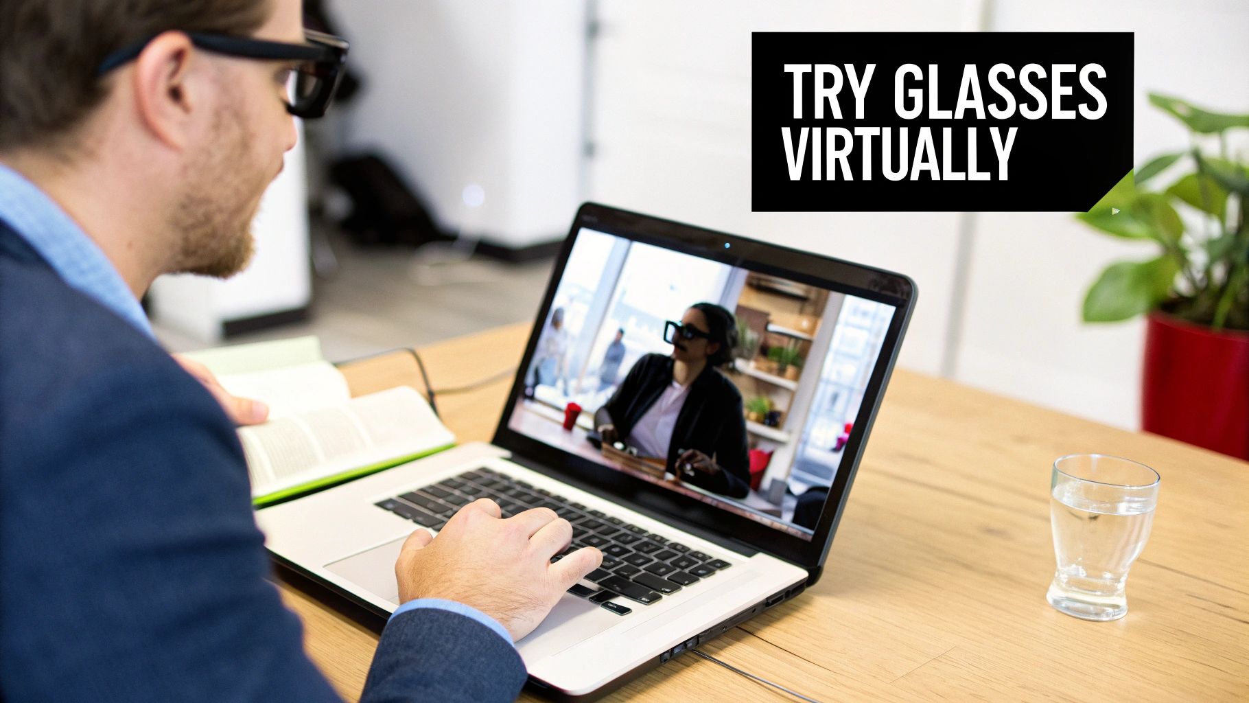 A man wearing glasses uses a laptop, displaying a woman trying glasses virtually.