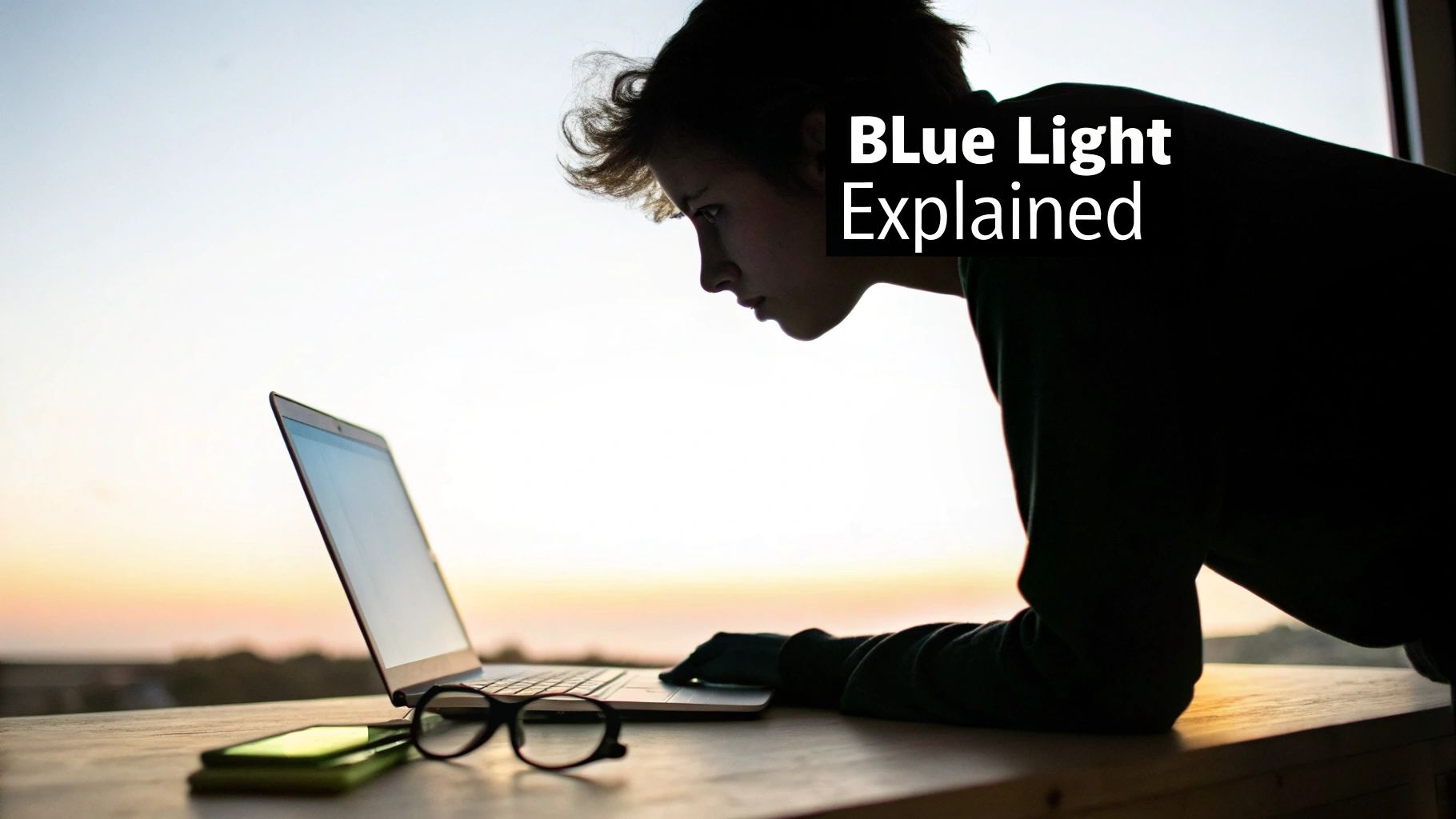 A person wearing glasses and looking at a bright laptop screen in a dimly lit room.