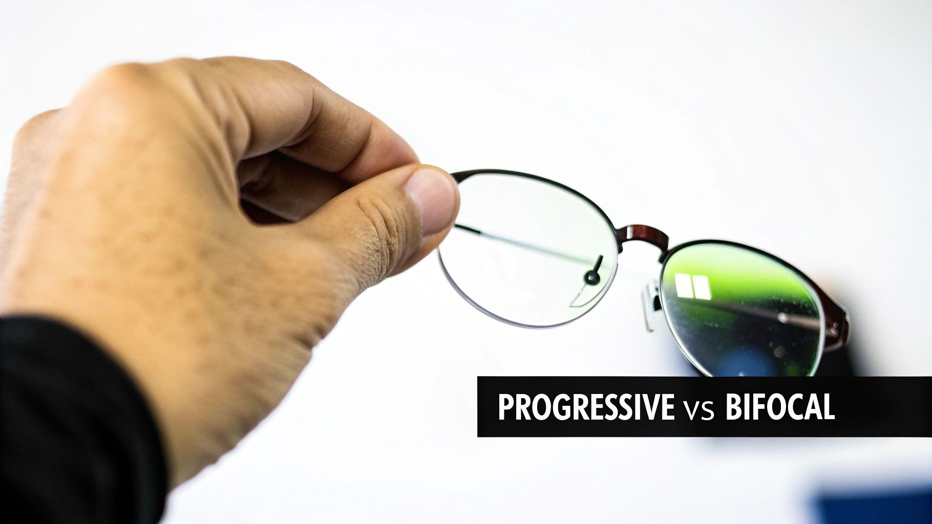 A smiling woman wearing modern eyeglasses, representing a clear choice between progressive and bifocal lenses.