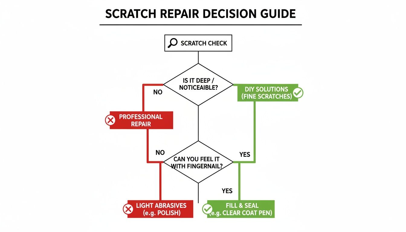 A scratch repair decision guide flowchart, outlining steps for fixing scratches based on depth and how they feel.