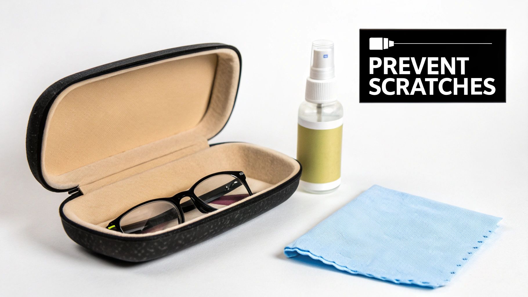 Eyeglasses in protective case with cleaning spray and microfiber cloth to prevent scratches