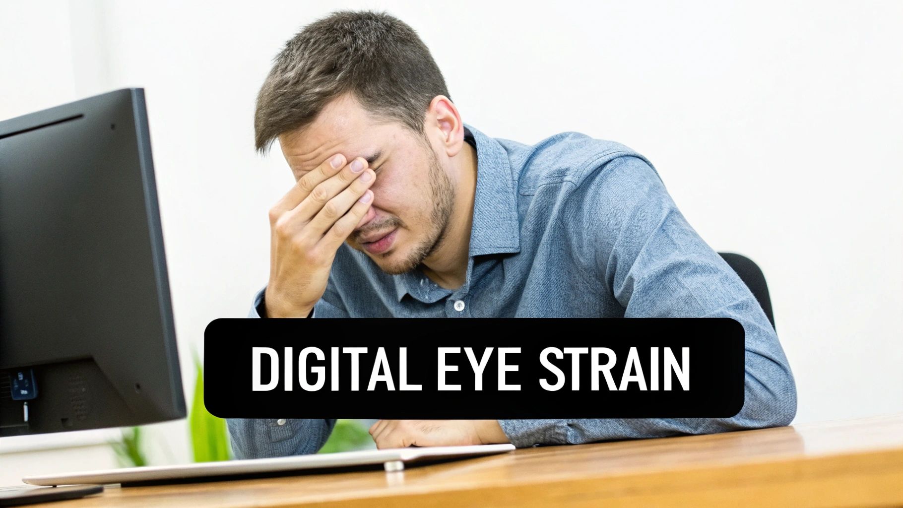 Man experiencing digital eye strain while working at computer rubbing his tired eyes
