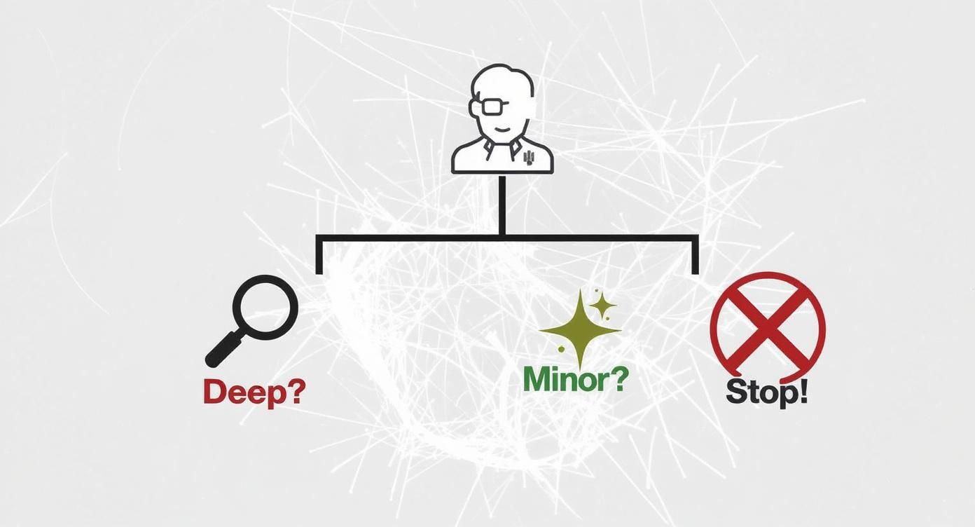 Decision tree diagram showing three paths for eyeglass care: deep inspection, minor scratches, or stop and replace