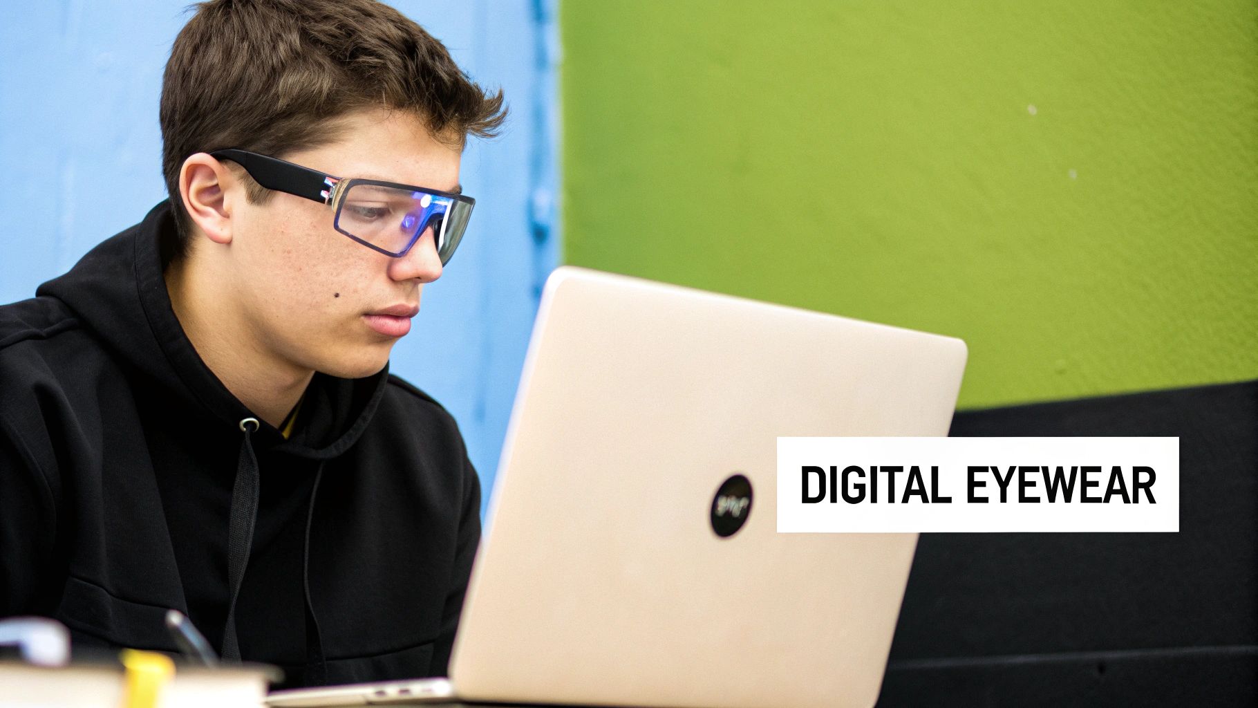 A pair of modern glasses resting on an open laptop keyboard.