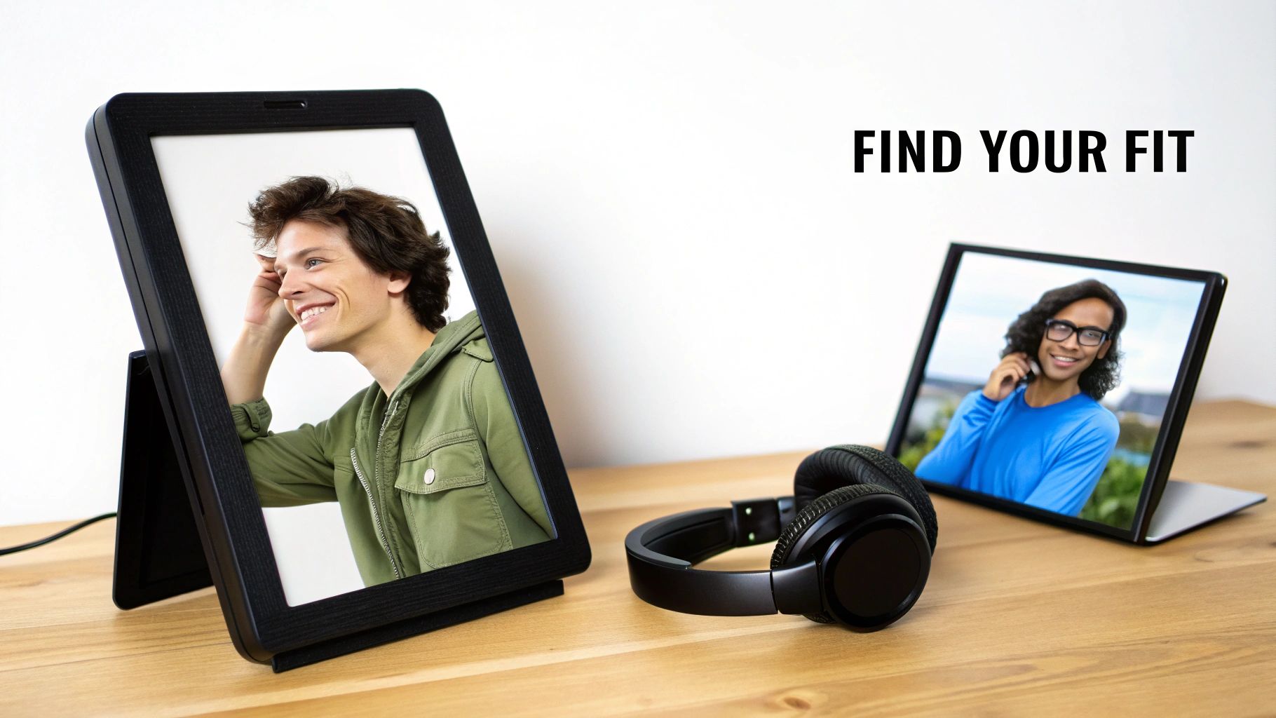 Digital frames displaying diverse smiling people, one with headphones, on a wooden desk, symbolizing virtual try-on.