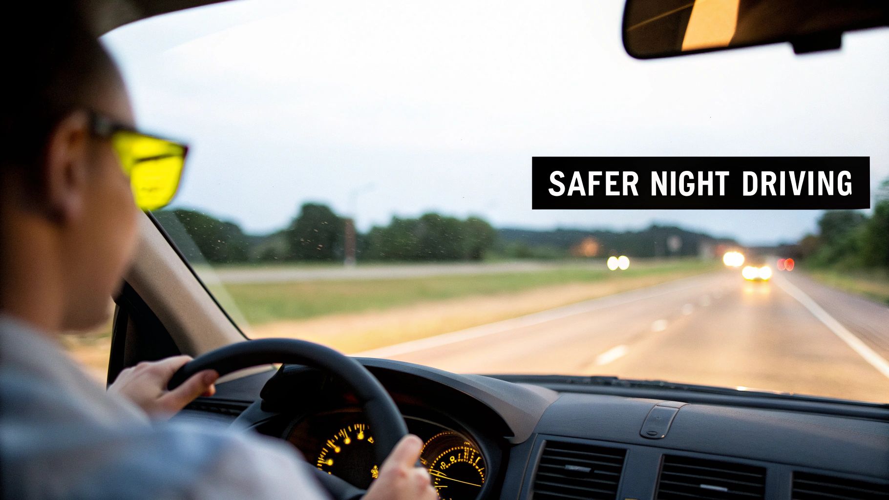 Driver wearing yellow lens glasses while driving on highway at dusk for safer night driving