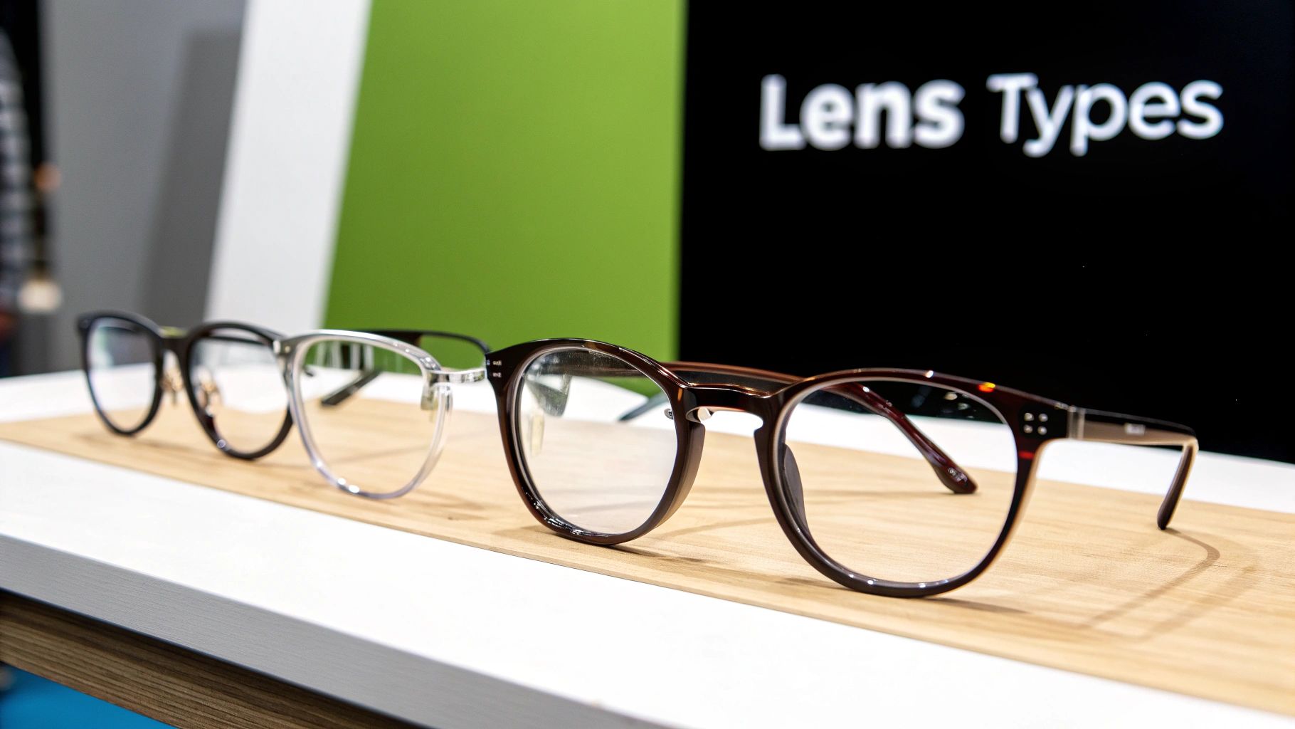 Three pairs of stylish eyeglasses, including black, clear, and tortoise frames, displayed on a wooden stand.