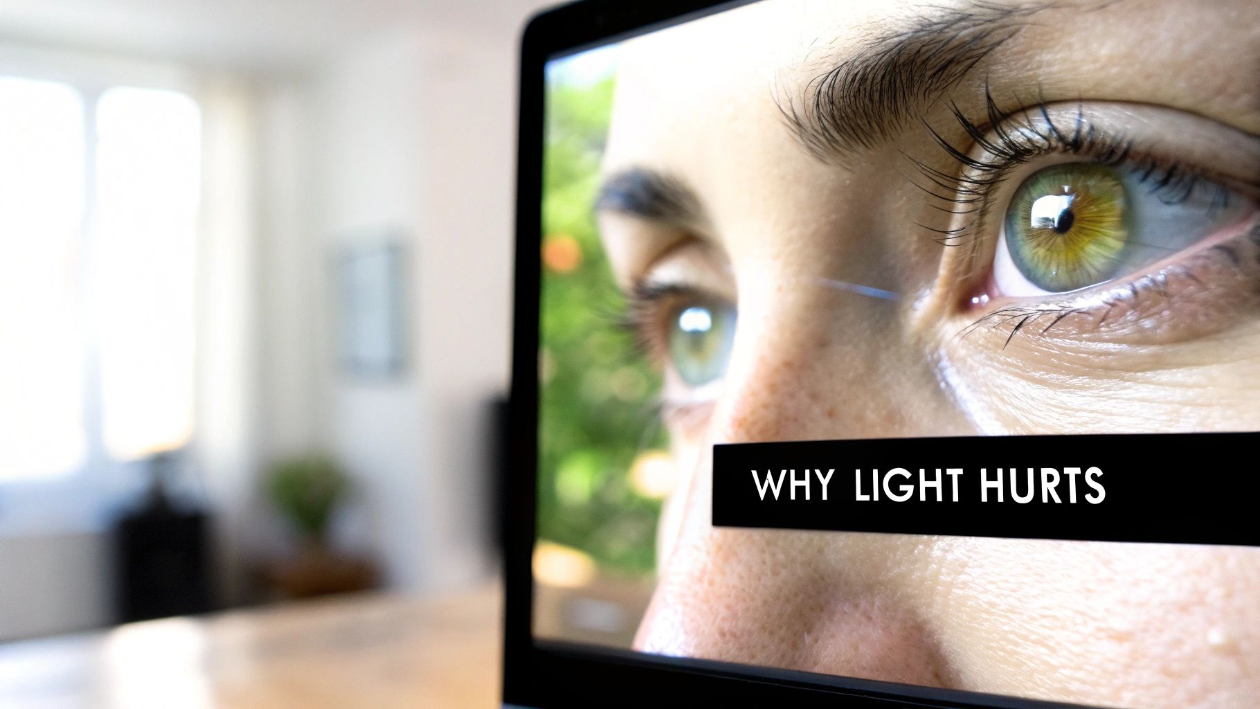 Close-up of a person's green eye reflected on a laptop screen displaying "WHY LIGHT HURTS."